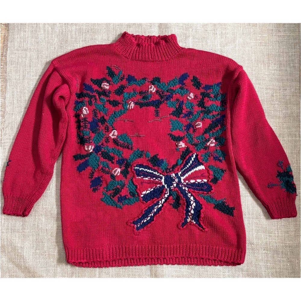 Vintage Cape Isle Knitters Holiday Wreath Red Sweater Large Ugly Christmas Party